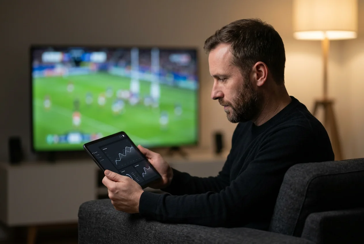 Rugby-Tipper verfolgt Live-Spiel und Quoten am Tablet während des Matches