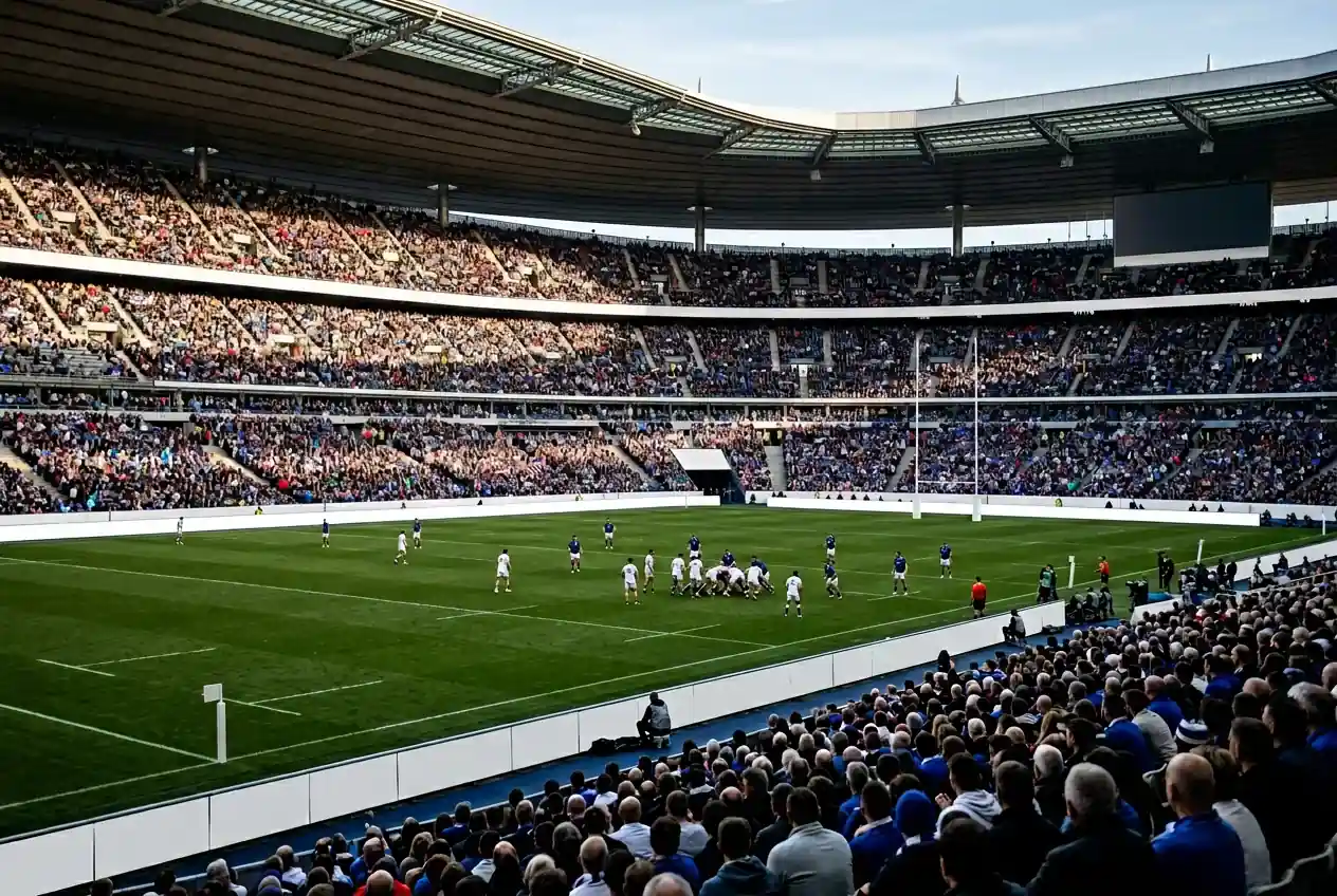 Six Nations Stadionatmosphäre: vollbesetzte Tribüne bei einem Rugby-Union-Länderspiel